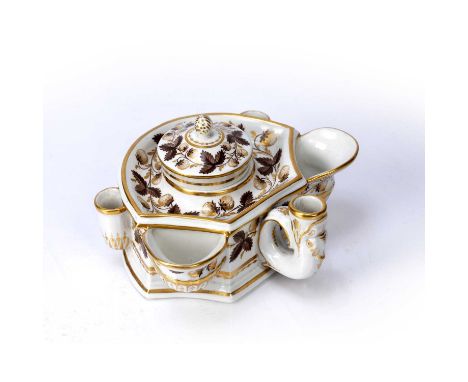 Flight and Barr Worcester inkstand and covercirca 1795, semi-circular with side pouches and applied quill holders with handle