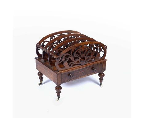 Walnut canterburyVictorian, with fitted drawer and original castors, 50cm x 36cm x 44cm highCondition report: Some losses to 