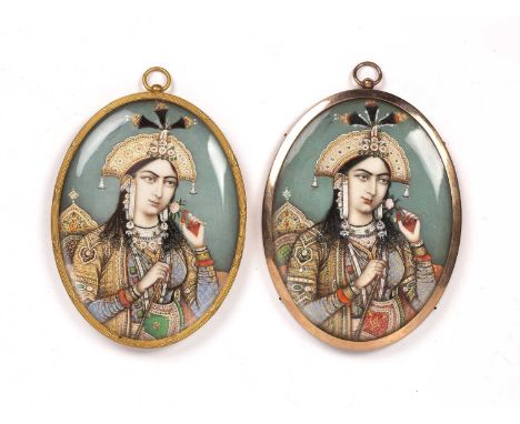 Pair of portrait miniaturesIndian, 19th Century purportedly depicting Mumtaz Mahal, each of oval shape contained in gilt meta