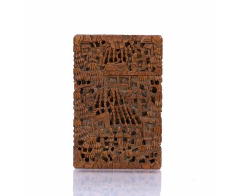 Carved Canton boxwood card caseChinese, late 19th Century, with figures and temples, 11cm x 7cmCondition report: Light wear