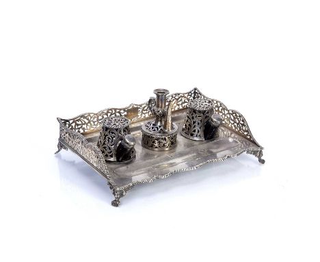 Victorian silver ink stand with pierced gallery back, standing on four scallop shell feet, bearing marks for John Wilmin Figg