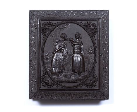 Union caseRebekah at the well, sixth plate thermoplastic case, made by Samuel Peck & Co, containing an oval ambrotype of a yo