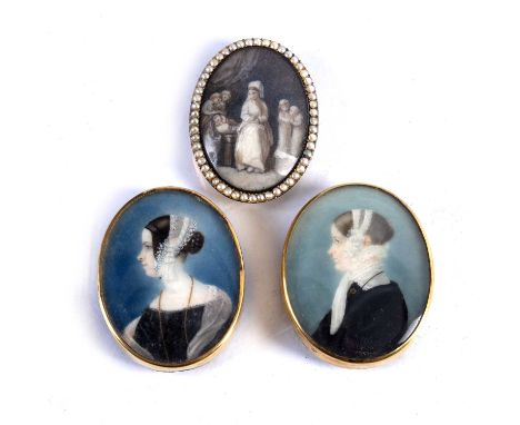 Two portrait miniaturesand one other Georgian miniature in gilt metal mounts, all unsigned, the Georgian example with seed pe