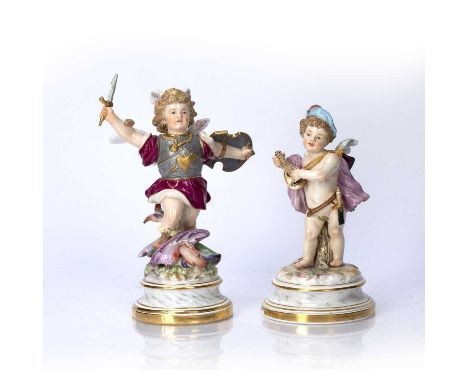 Two Meissen porcelain figures of childrenone holding a lute and the other dressed as St George, 19cm and 21cm high Condition 