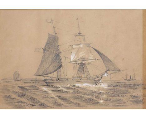 H Elwes (English School)H M Brig Pilot, and two other similar shipping studies, charcoal with heightening, one signed and dat