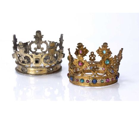 Two gilt metal crownsone possibly Spanish, one by repute sold to the vendor as circa 1580, the other a contemporary copy, 14c