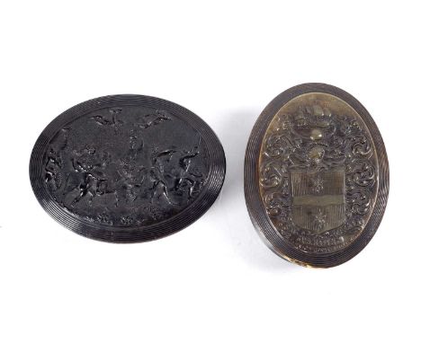Two horn snuff boxes by John Obrissetthe first an 18th Century pressed horn snuff box of oval form and bearing the Arms of Si