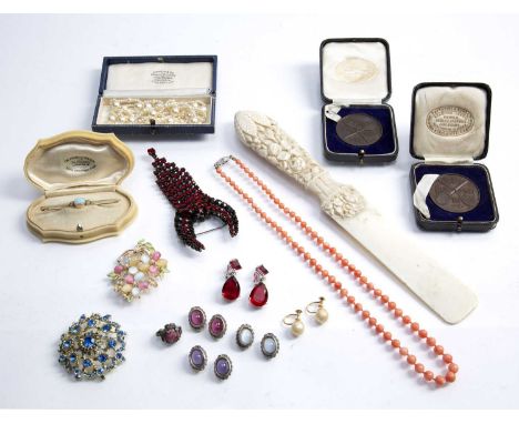 Collection of jewelleryto include: Coral bead necklace, opal bar brooch, costume jewellery, Canton ivory page turner, bronze 