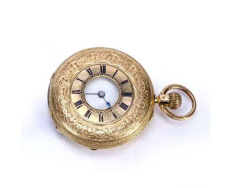 18ct yellow gold cased half hunter pocket watchengraved outer case with blue enamel roman numerals, the white enamel dial als