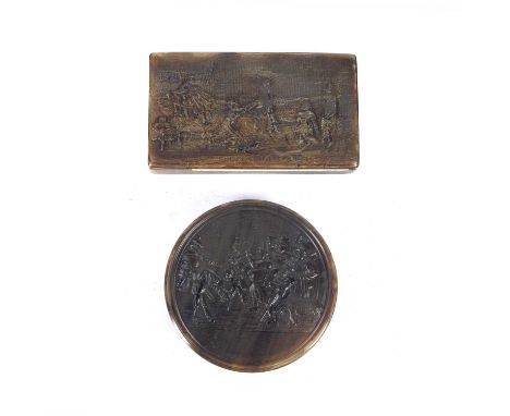 Two horn snuff boxescomprising of a circular box depicting a classical scene, signed James Bradwell 7.5cm across and a rectan