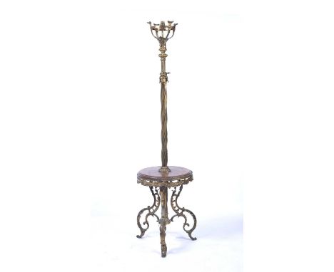 Brass and mahogany standard lamp19th Century, converted from an oil lamp, with adjustable column and with old fittings for el
