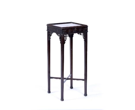 Mahogany square top nightstandEdwardian, in the Chippendale style with pull out candle slide on fluted supports, 30cm square 