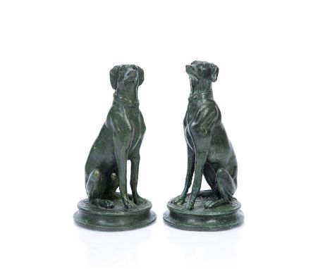 After Antoine-Louis Barye (1795-1875)Pair of verdi gris bronze seated hounds, one signed, 16cm highCondition report: Some lig