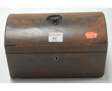 A 19th century mahogany domed top fitted tea caddy with twin canisters, 23cm