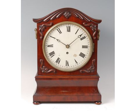 An early Victorian mahogany cased bracket clock, having an unsigned white enamel dial, single winding hole for a chain driven