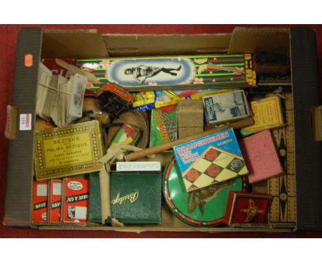 Assorted vintage games to include various card games, dominoes, cribbage board, markers, counters etc