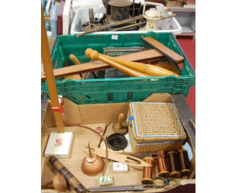 Two boxes of miscellaneous items to incude a painted wooden collectors chest, rolls of silk, sewing tools etc