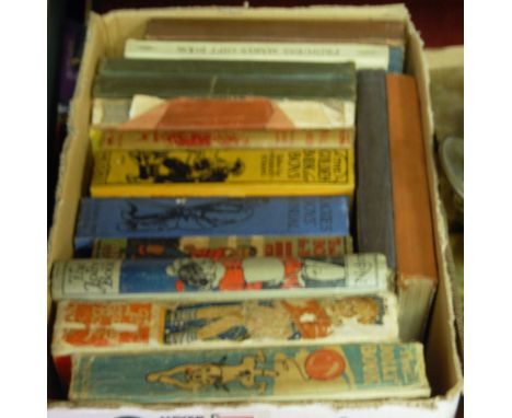 Box of assorted children's annuals and books mid 20th century **and a firescreen decorated with cigarette cards**