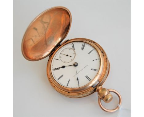 A gilt metal cased hunter pocket watch by Elgin, with white enamel dial, black Roman numerals, hands and subsidiary seconds