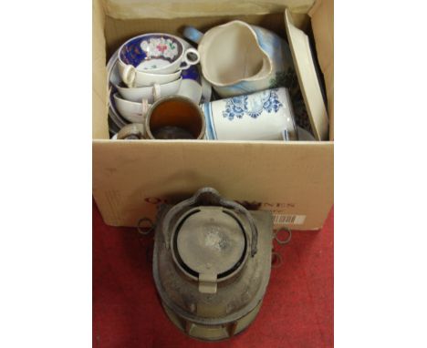 A box of mixed ceramics to include Gaudy Welsh type tea wares, a Dutch Delft tankard etc, together with a ship's masthead lam