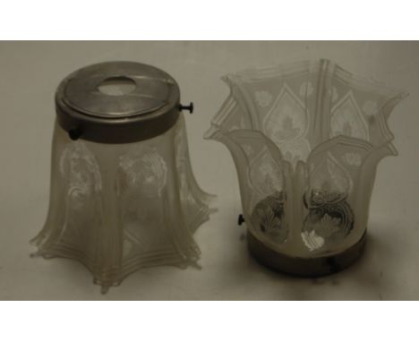 A pair of acid etched gas lamp shades, with Bray No.790 metal fittings 