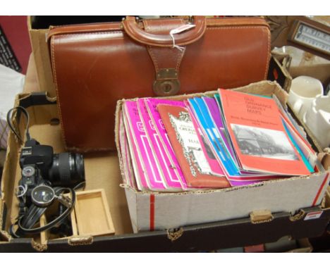 Mixed lot containing a quantity of Ordnance Survey maps, camera equipment and a leather briefcase 