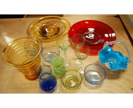 A modern ruby glass circular dish, dia.35cm, together with one other in amber glass, and other modern glassware to include va