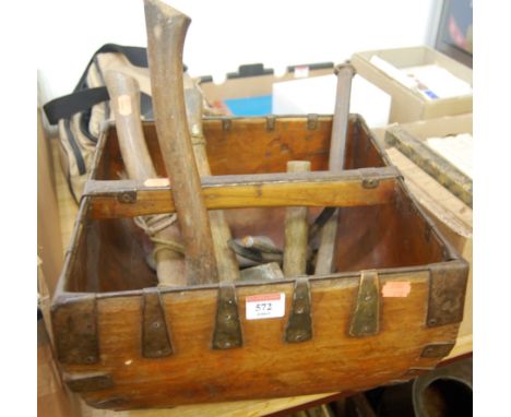 A softwood and metal mounted trug together with sundry axes, tools etc