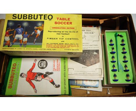 A leather case of assorted 1970s Subbuteo table soccer items, to include two boxed sets of 00 scale players, one side in red 