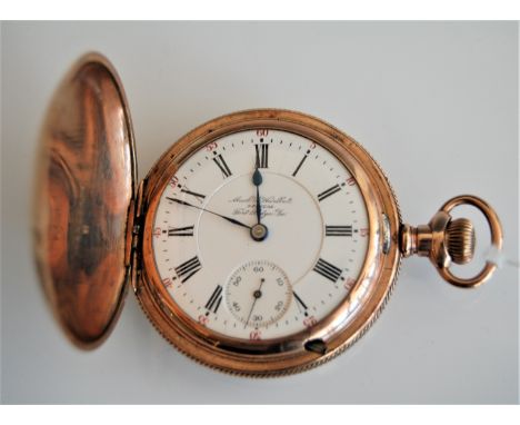 A full hunter pocket watch by Mach A. Hubblet, Fort Dodge, Iowa, the white enamel dial with black Roman numerals and hands, s
