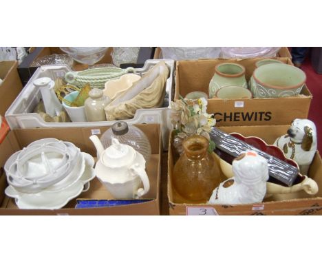 Six boxes of mixed ceramics, glass etc, to include Cranston Pottery vase (converted to lamp), assorted planters, Devon motto 