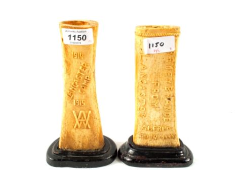 Two WWI Prisoner of War Trench Art vases made from animal bone marked "from Lancaster Camp 1914-1915" both carved with girl a