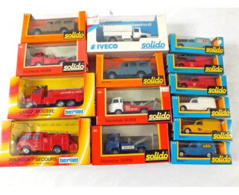 Fourteen boxed Solido commercial vehicles including six paint varieties, Renault 4 van