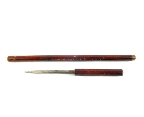 A leather covered swagger stick concealing blade marked "Swaine-Brigg, London" (slight bend in blade)