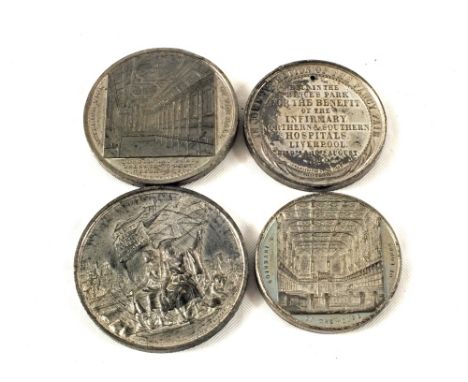 Base metal medallions, Liverpool Infirmary 1849, Birmingham Town Hall 1834, New Houses of Parliament 1847, International Exhi