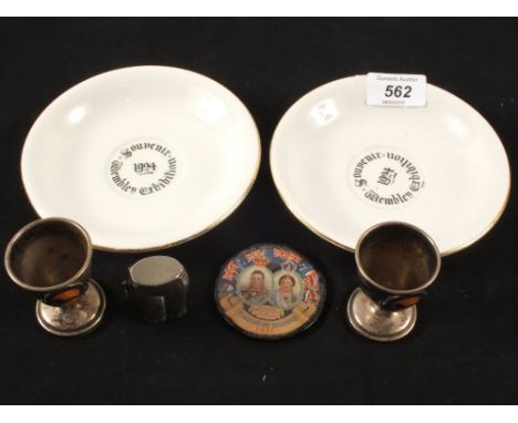 Two 1924 Wembley exhibition saucers and egg cups and other items including a novelty match holder