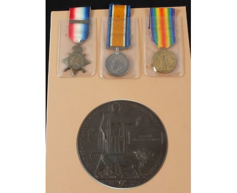 A WWI Casualty 1914 Star Trio with Bar and plaque to Lance Sgt. 8690 A.W. Osman 1st Bn. Somerset Light Infantry, killed in ac