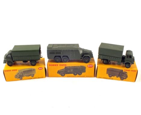 Boxed Dinky 621 three-ton Army wagon, 623 Army covered wagon and a 677 armoured command vehicle in modern boxes