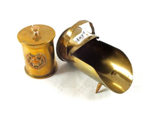 A WWI Trench Art tobacco jar made from shell cases, one dated 1917 together with a trench art coal scuttle