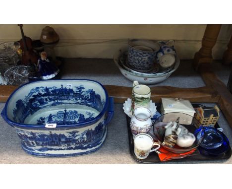 A blue and white transfer printed footbath, Palace of Holyrood House inspired vase, Royal Doulton honey box with bee finial, 