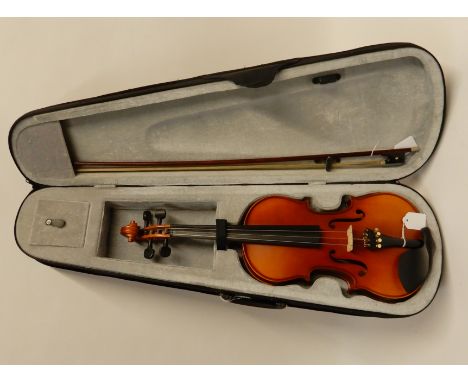 A modern violin 35.5cm labelled "Stradivari Patern Violin The Allegro" with bow and case (3) Condition Report: The overall co