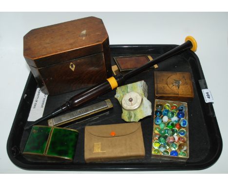 A tray lot including tea caddy, Lawrie chanter, travel clock etc Condition Report: Available upon request