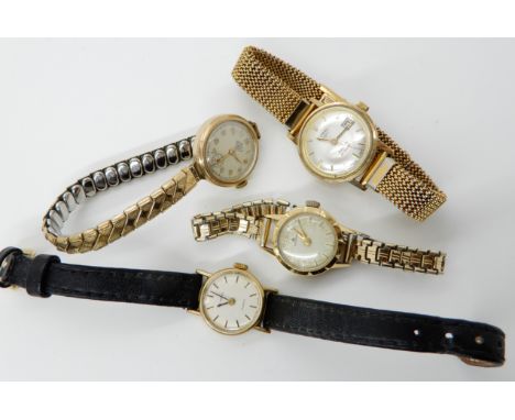 An 18ct gold Bucherer ladies watch head, weight with gold plated strap approx 17.6gms, a 9ct Angus ladies watch and a 9ct Der