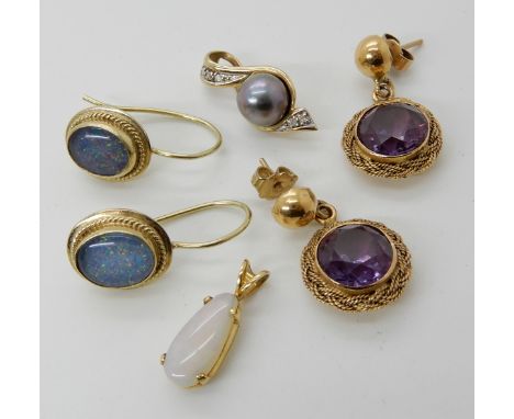 A pair of Arabic gold earrings set with faux amethysts, weight 6.2gms, 14k gold opal doublet earrings, opal pendant and pearl