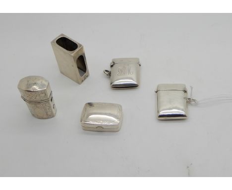 A lot comprising two silver vestas, pill box, matchbox holder, white metal etui (5) Condition Report: Available upon request