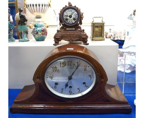 A wooden mantle clock and a metal example with painted dial Condition Report: Available upon request