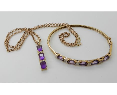 A 9ct gold amethyst and diamond bangle, inner dimensions approx 5.5cm x 5cm approx with matching 14k pendant, length 3.5cm an