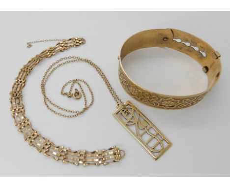 A 9ct Mackintosh style pendant, length 3.7cm, chain 40cm and a 9ct gold gate bracelet length 18cm, combined weight 9.8gms, an