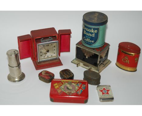A box of various tin advertising boxes, travel clock etc Condition Report: Available upon request