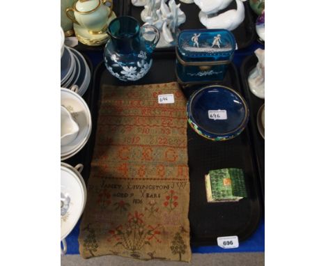 A Mary Gregory style blue glass trinket box and a jug together with a sampler dated 1836, a Royal Winton dish on stand etc Co